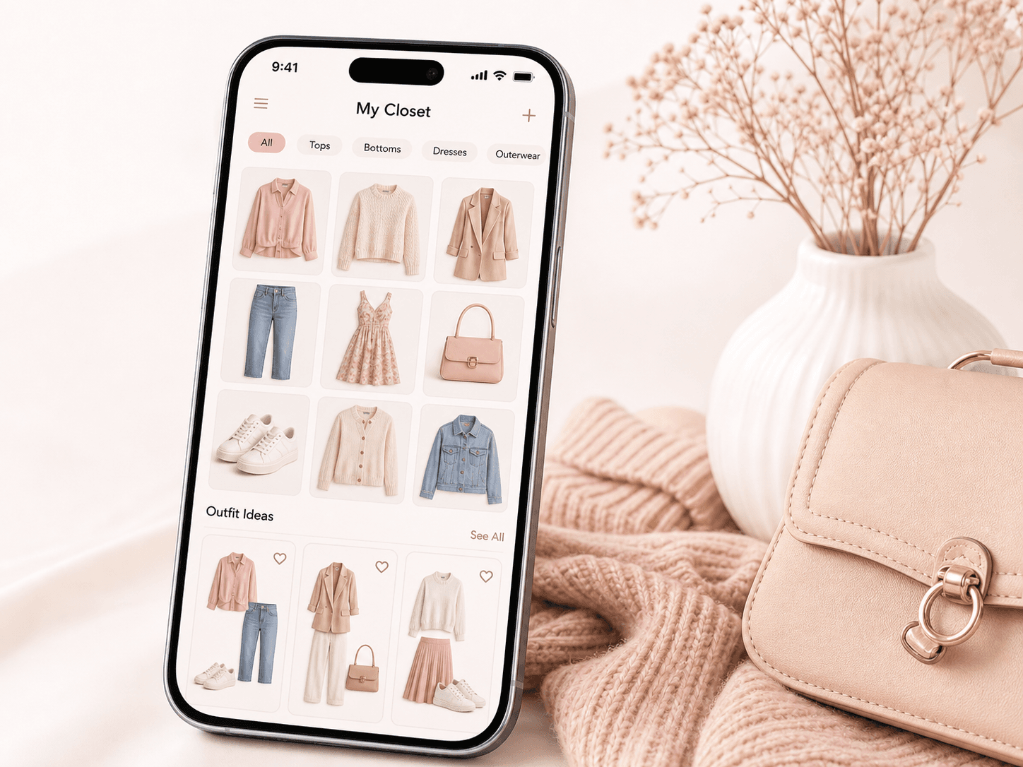 KT's Closet app shown on a phone beside soft blush wardrobe accessories.