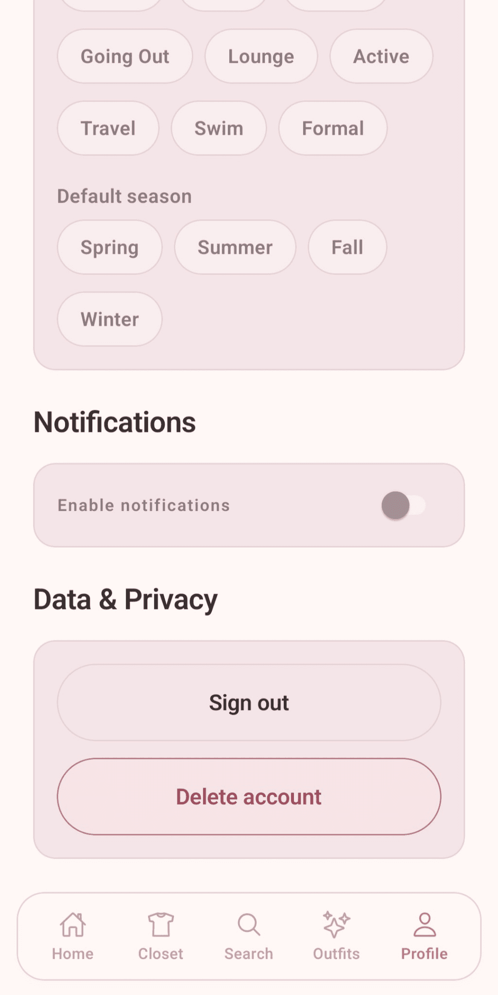KT's Closet Data and Privacy section with Delete account button