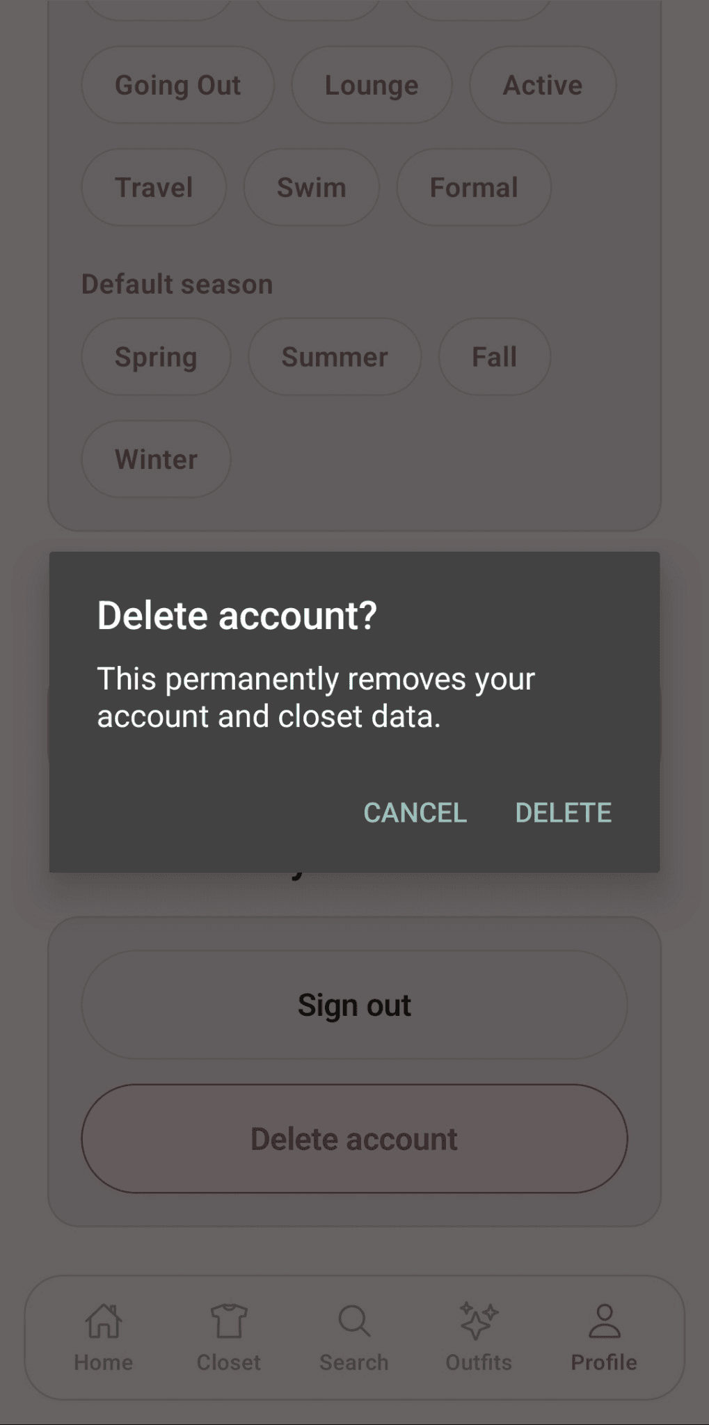 KT's Closet delete account confirmation dialog