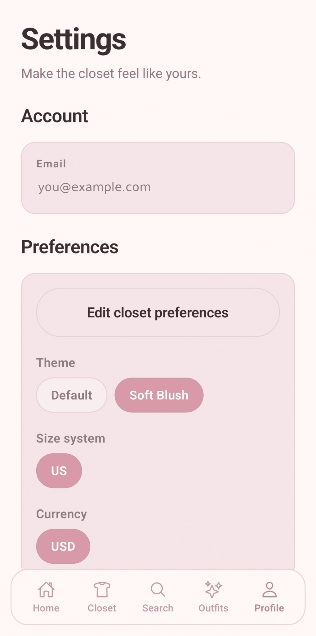 KT's Closet settings screen